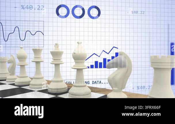 Right bar chart filling, sweeping blue arcs crossing white chess pieces ...
