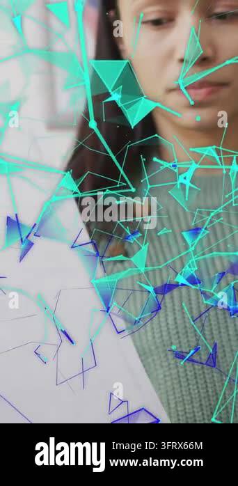 Vertical video: Woman turning head in studio while cyan shapes drifting ...