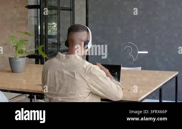 Man touching laptop, causing speech bubbles and lines to form AI icon ...