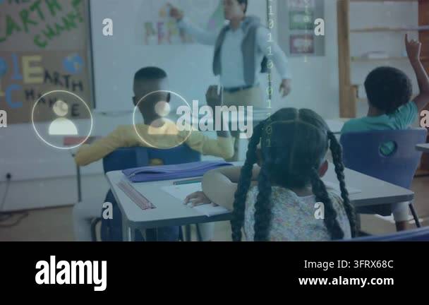 Teacher pointing, asking in class, students raising hands while overlay ...