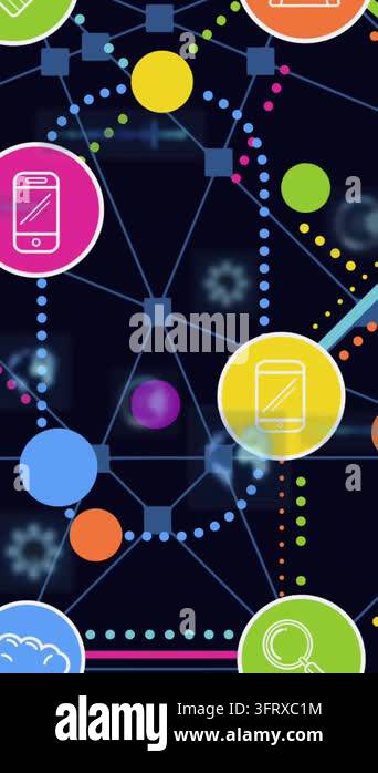 Animation of colorful icons connected and forming hexagon shape over ...