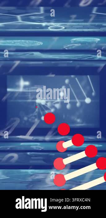 Dna structure spinning over screens on medical data processing against ...