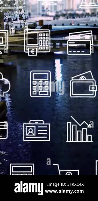 Animation of business icons and data processing over cityscape. Global ...
