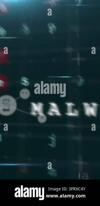 Animation of system hacked, malware, alert text, letters, numbers ...