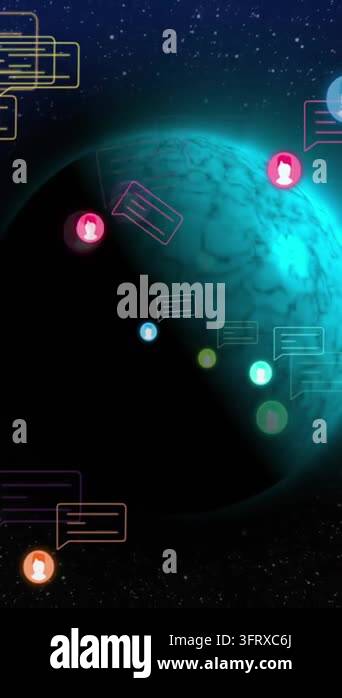 Animation of digital social media icons processing over globes. Global ...