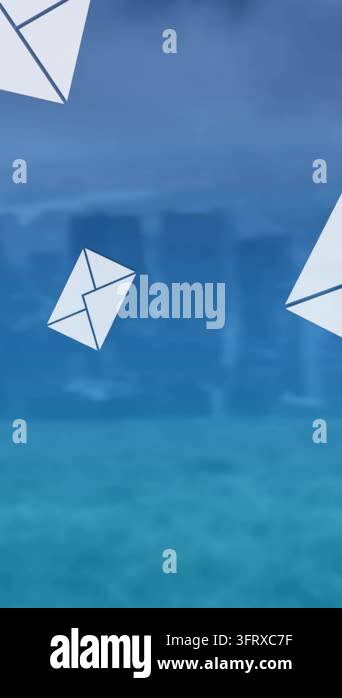 Animation of multiple email envelope icons over cityscape. global ...