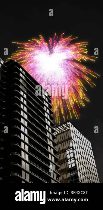 Animation of colourful christmas and new year fireworks exploding over ...