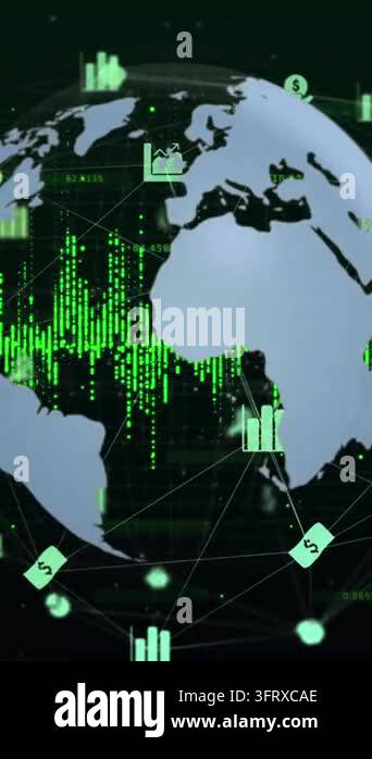 Animation of media icons and globe on black background. global business ...
