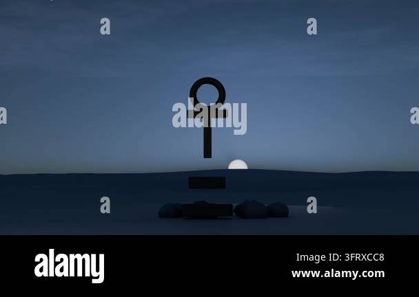 Rising bright orb revealing centered ankh-like symbol at dawn on plain ...