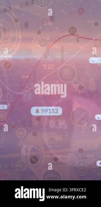 Animation of falling numbers and icons over pink background. global ...