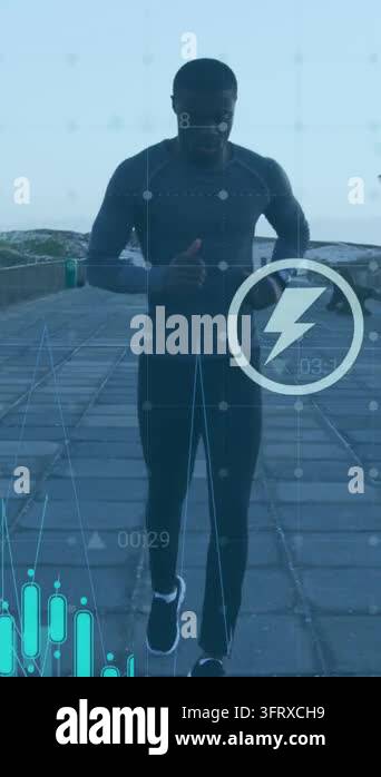 Animation of graphs, icons over african american male athlete running ...