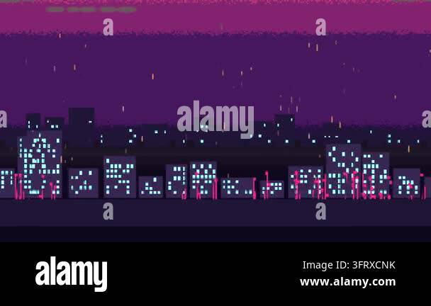 Panning camera revealing pixel-art street stretches, pedestrians ...