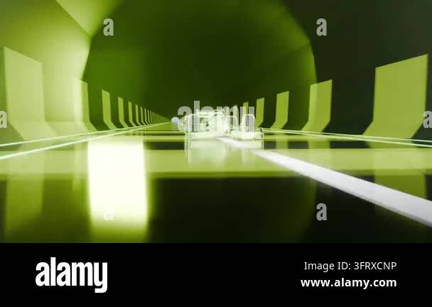 Camera tracking, wireframe car approaching camera in neon tunnel ...