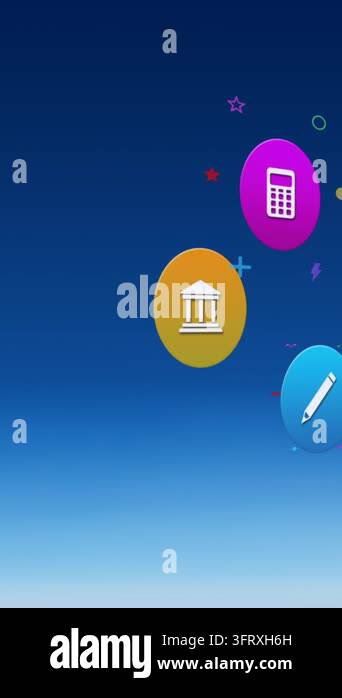 Animation of colorful icons on blue background. Global social media ...