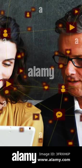 Composition of happy caucasian couple with spots of light over office ...