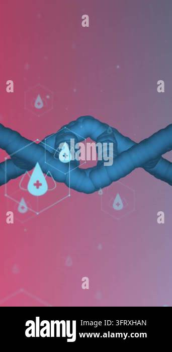 Animation of icons, dna strand over data processing. Global science ...