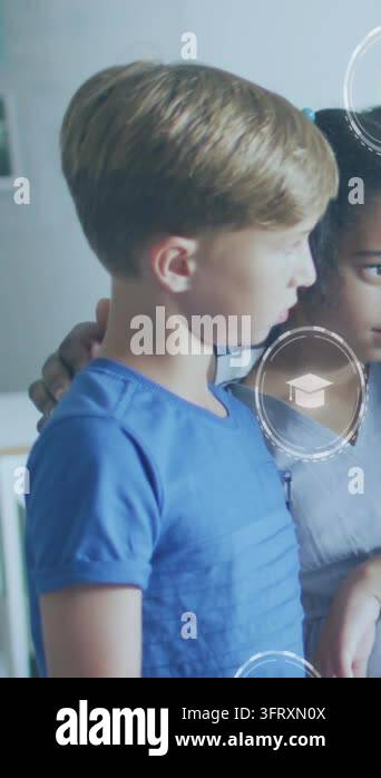 Vertical video: HUD icons appearing, boy and girl smiling and speaking ...