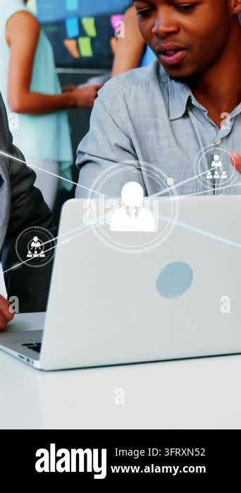 Laptop icon popping up, man speaking and gesturing while network icons ...