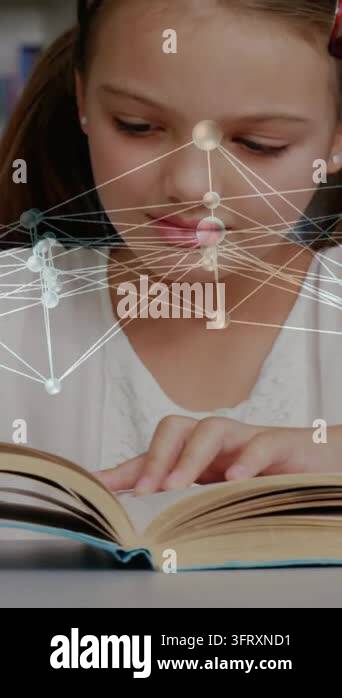 Vertical video: Girl tracking text at table, turning page as network ...