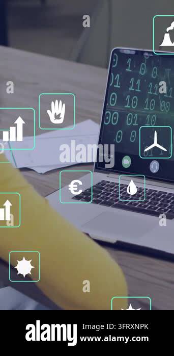 Woman placing hand on laptop checking finance data causing animated ...