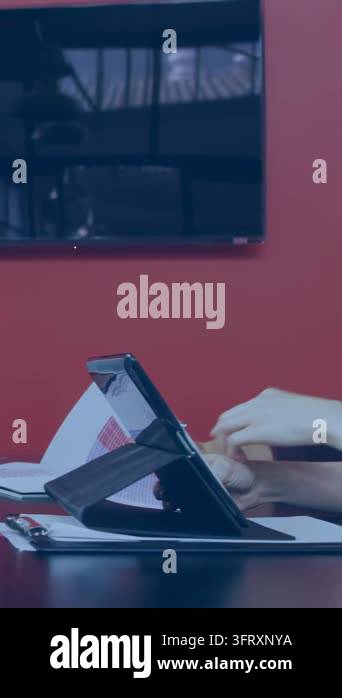 Vertical video: Hand adjusting tablet pair typing for business team ...