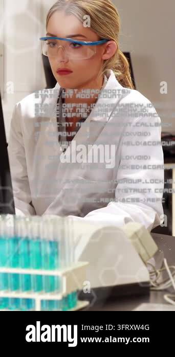 Animation of scientific data processing over caucasian female lab ...