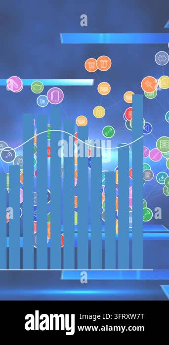 Animation of network of digital icons and statistical data processing ...