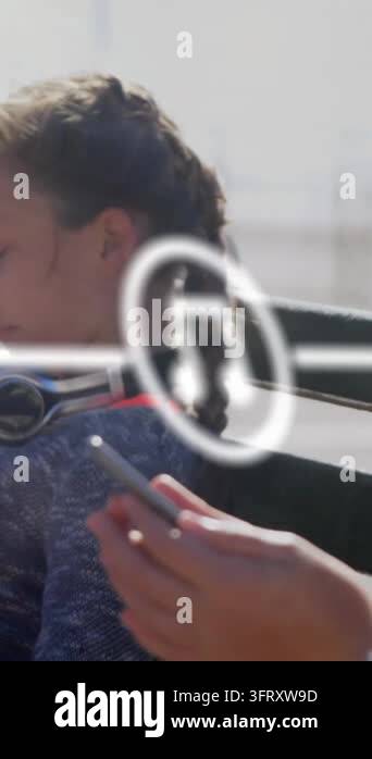 Animation of digital interface with white icons over girls using ...