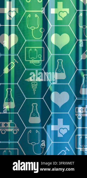 Animation of network of medical icons and data processing over computer ...