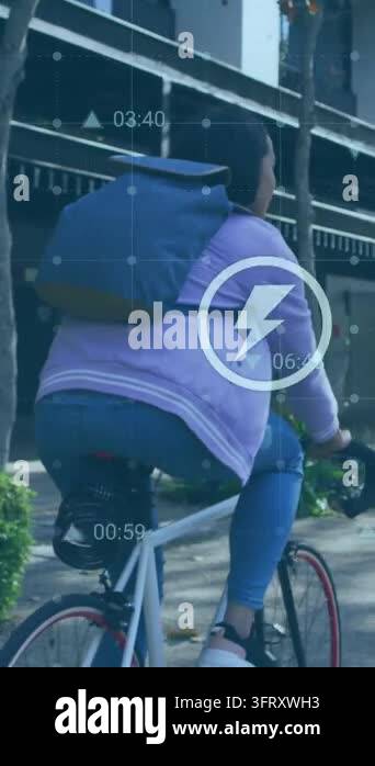 Animation of eco icons and data processing over woman riding bike ...