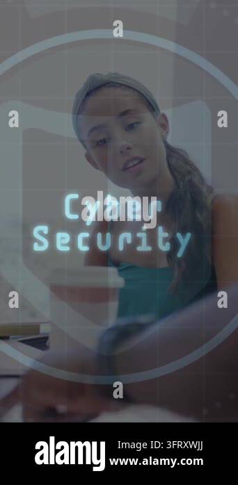 Animation of cyber security text, cloud icon, diverse colleagues ...