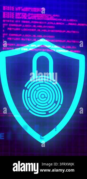 Animation of padlock icon over data processing on blue background ...