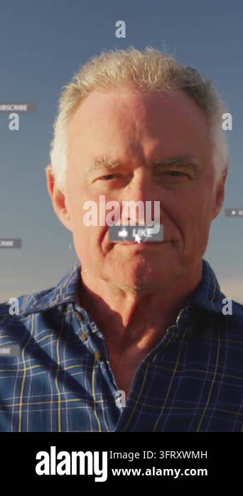 Animation of social media text and icons over caucasian man on beach ...