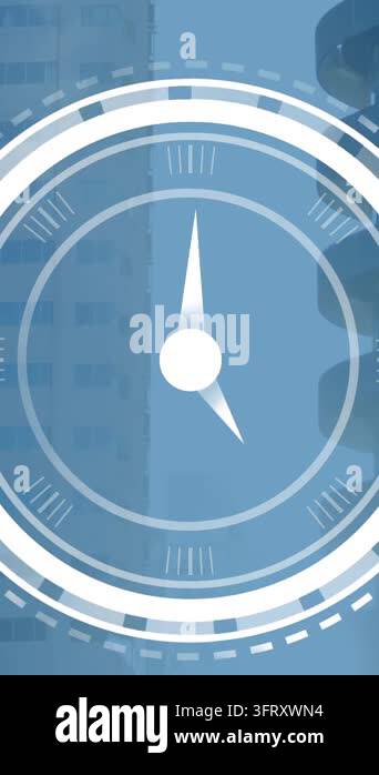 Animation of ticking clock icon against view of tall buildings ...
