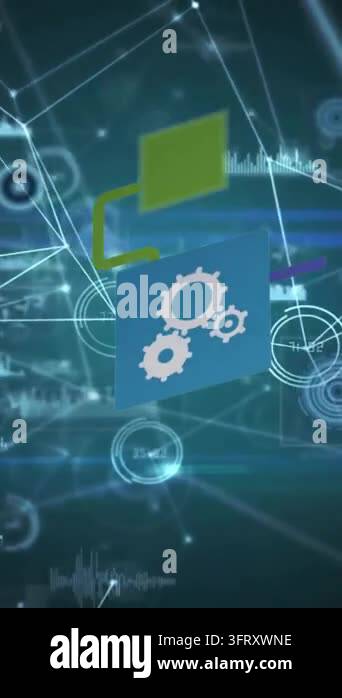 Animation of cloud, cogs and icons over network of connections on dark ...