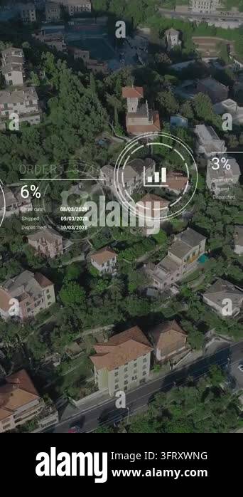 Animation of network of icons and data processing over landscape ...