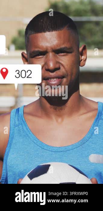 Animation of social media icons over male soccer player with soccer ...