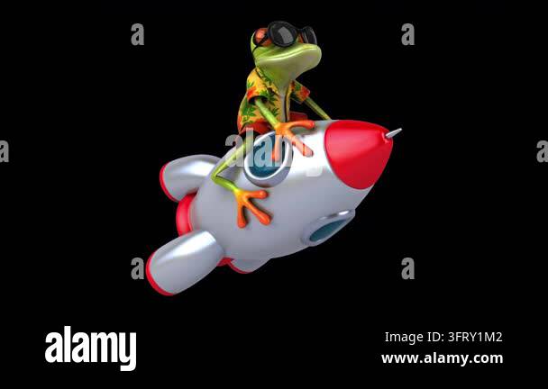 A cartoon frog wearing sunglasses and a Hawaiian shirt rides a rocket ...