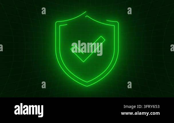 Cybersecurity motion background with a glowing green neon shield icon ...