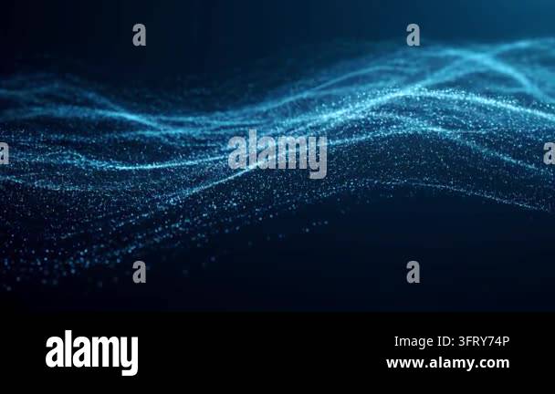 Abstract blue digital particles form flowing waves against a dark ...