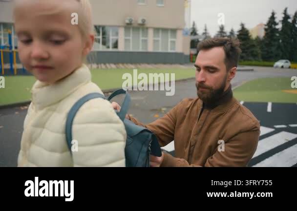Caucasian family father getting daughter little kid child girl ready ...