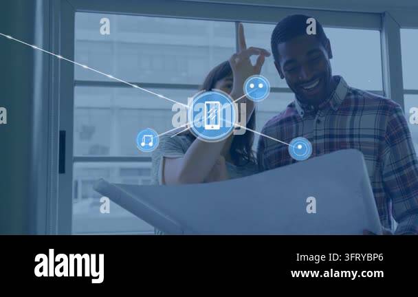 Man holding plan and woman pointing to room, spawning phone icons ...