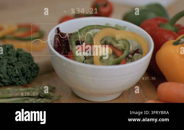 White bowl sitting on board, cherry tomato dropping, graphs locking ...