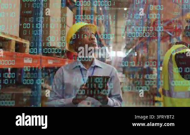 Warehouse lead scanning racks, spotting shelf ID, tapping tablet as ...