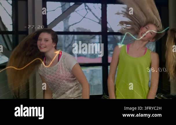 Two women starting synced hair flips, four women doing routine in ...