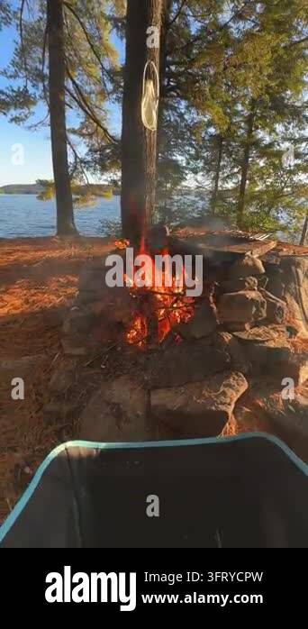Campfire burning near lake surrounded by trees Stock Video Footage - Alamy