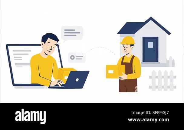Animated illustration of a man on a laptop ordering a package, with a ...