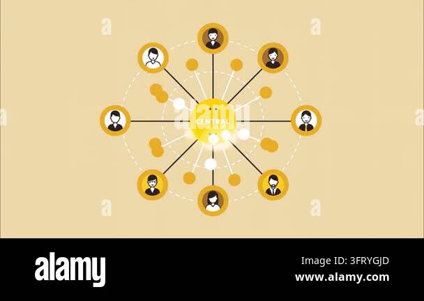 Animated graphic showing a central hub connected to multiple people ...