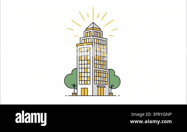 Simple line art illustration of a tall modern building with yellow ...