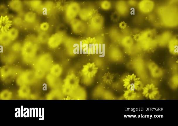 Numerous yellow flowers glowing sparkling particles abstract backdrop ...